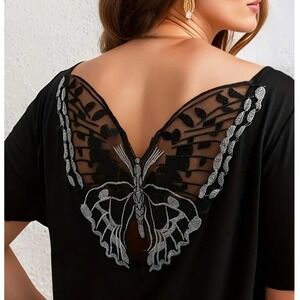 Butterfly Cutout Lace Back Bloomchic Whimsigoth Black Blouse Festival 14-16